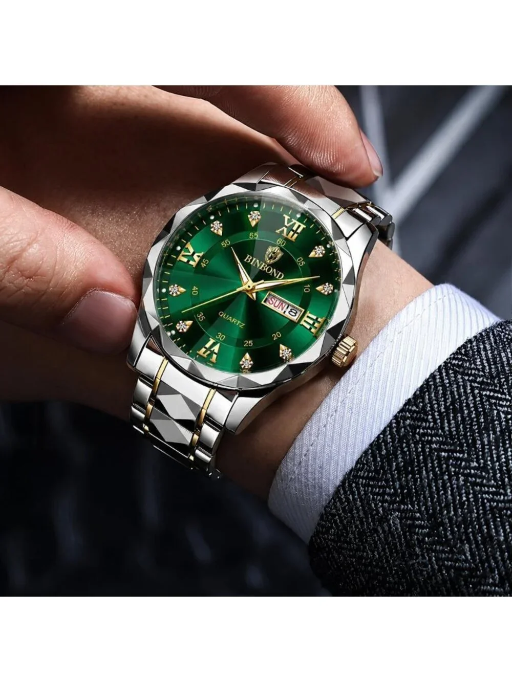 Men's Silver And Green Analog Stainless Steel Roman Numeral Diamond Luxury Watch
